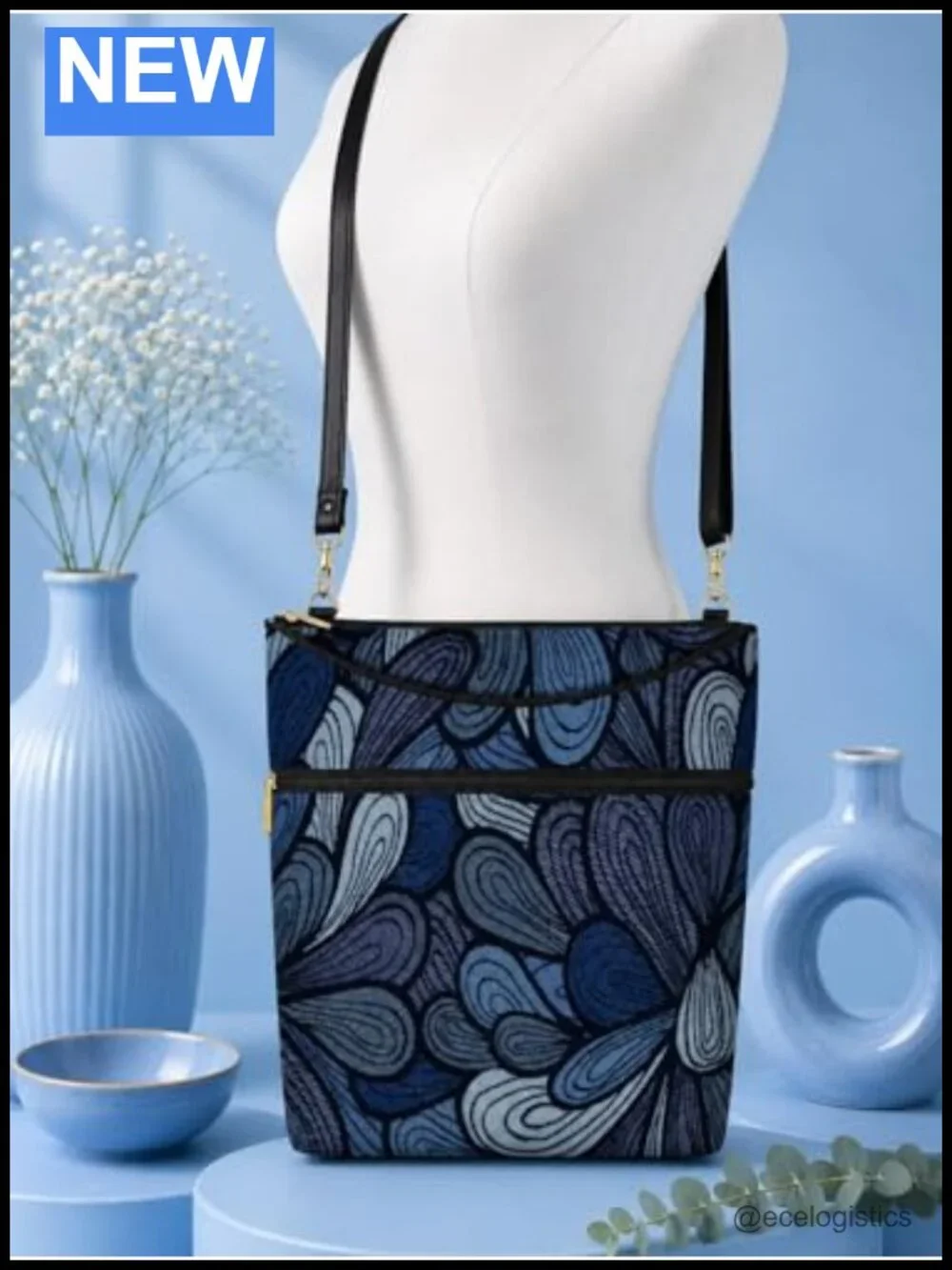 Handmade Tapestry Crossbody Bag with Adjustable Nylon Strap, Zipper Pockets,